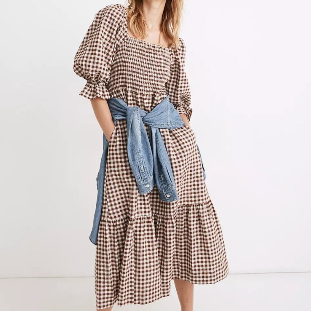 Madewell Elbow-Sleeve Smocked Midi Dress in Brown Gingham